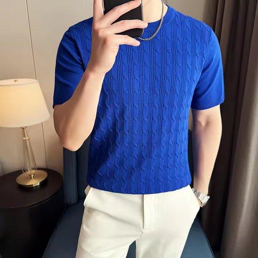 Summer Breathable T-Shirts for Men Korean Luxury Clothing O-Neck Short Sleeve Knitted Men's T Shirt Fashion Hollow Tops Tees 4XL