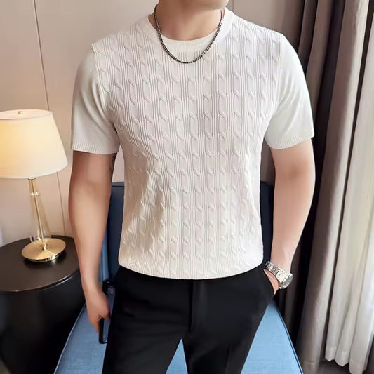 Summer Breathable T-Shirts for Men Korean Luxury Clothing O-Neck Short Sleeve Knitted Men's T Shirt Fashion Hollow Tops Tees 4XL