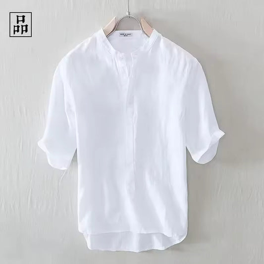 Breathable Linen T-shirt Summer Thin Vintage Small Stand Collar Short Sleeve Shirt Men Half Sleeve White Casual Style