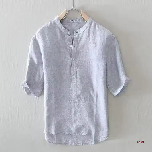 Breathable Linen T-shirt Summer Thin Vintage Small Stand Collar Short Sleeve Shirt Men Half Sleeve White Casual Style